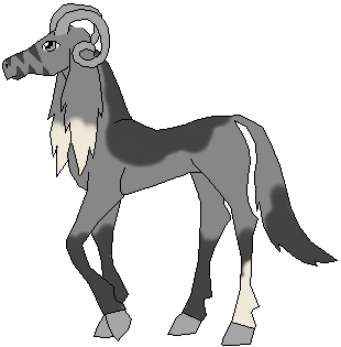 Name: Helix, Gender: Male, Coat Type: Regular, Coat Color: Black and grey, Eye Color: Silver, Horn/Hoof Color: Silver, Horn Type: Curly, Markings: Saddle, stripes on muzzle, one sock, white tips on ears